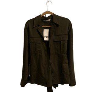 NWT - ZARA Belted Pocket Light Jacket - Size LARGE - Olive